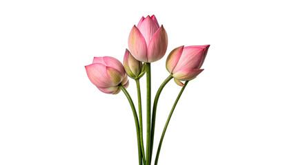 Fototapeta premium Delicate bouquet of small pink lotos buds isolated on transparent background for romantic mothers day greeting cards.