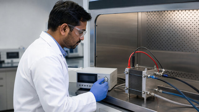 Scientist tests PEM fuel cell performance in clean energy laboratory