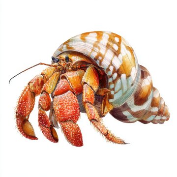 Watercolor Illustration Of A Vibrant Hermit Crab Inside A Textured Spiral Shell Against White Background