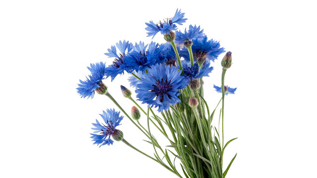 Bouquet of wild blue cornflowers field blossoms isolated on transparent background for rustic summer wedding greeting cards.