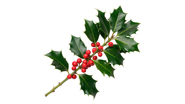 Green Christmas holly branch with red berries isolated on transparent background for traditional winter holiday season designs.