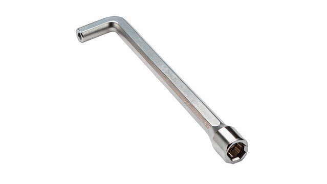 L-shaped metallic socket wrench hand tool isolated on transparent background for automotive mechanic repair maintenance workshops.