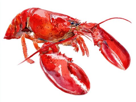 Watercolor Painting Of A Vibrant Red Lobster Isolated On A White Background