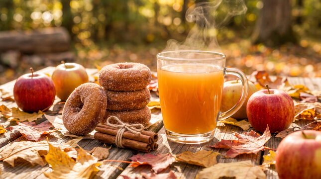 Steaming Hot Apple Cider With Cinnamon Sticks And Fresh Donuts Served On A Rustic Wooden Table Amidst Vibrant Autumn Leaves In Sunlight
