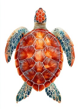 Watercolor Painting Of An Orange Sea Turtle On A Clean White Background