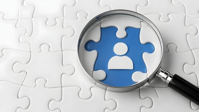 Magnifying glass focusing on a missing puzzle piece with a person icon representing human resources recruitment and finding the right talent