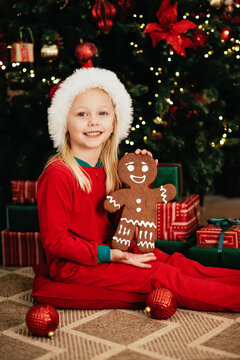 Girl wearing Santa hat holding gingerbread cookie sitting near decorated Christmas tree with gifts. Christmas and New Year holiday celebration concept