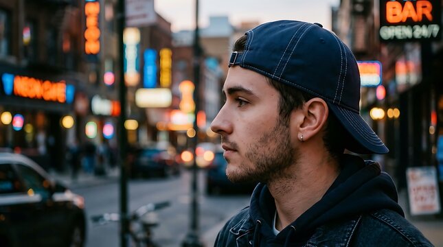 Young man wearing a baseball cap standing on a busy city street at night