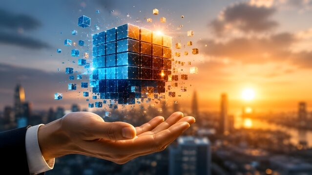 Businessman hand holding a glowing digital block cube over a city skyline representing data network fragmentation and digital transformation strategy
