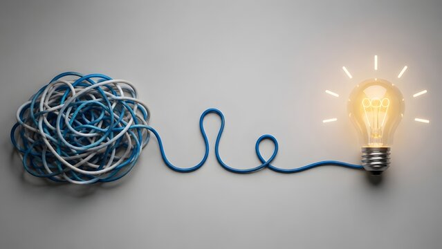 Tangled messy blue wire untangling into a single straight line connected to a glowing lightbulb representing simple solutions to complex business problems