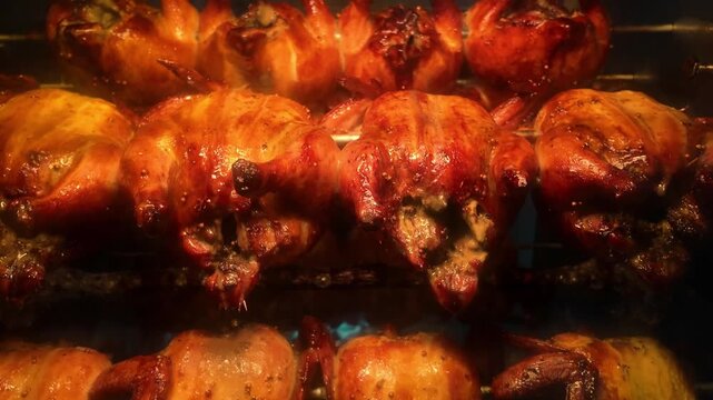 Grilled chicken spinning inside a hot oven grill with glistening crispy skin and dripping oil. Horizontal 4K footage
