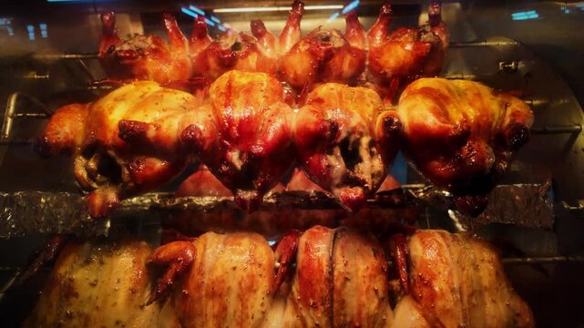 Horizontal 4K slow motion footage of multiple chickens rotating in a hot rotisserie oven, showing perfectly cooked meat with oil slowly dripping.