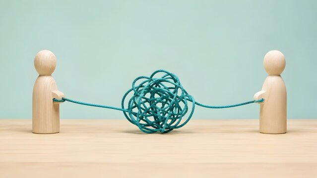 Two wooden figures holding a rope with a tangled knot in the middle representing communication breakdown conflict resolution and business teamwork