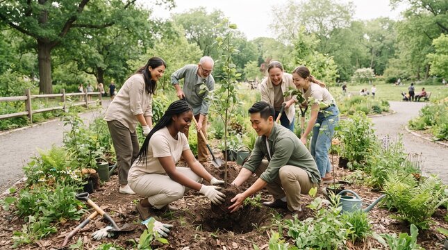 Volunteers plant new saplings and flowers together during a community gardening and reforestation initiative in a green park.