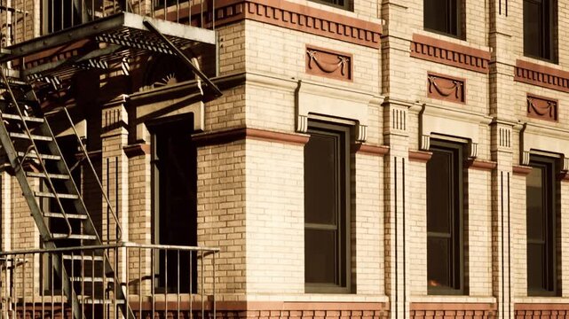 The structure shows a brick building with a metal fire escape attached to its side. Sunlight highlights the architectural features of the building in an urban area.