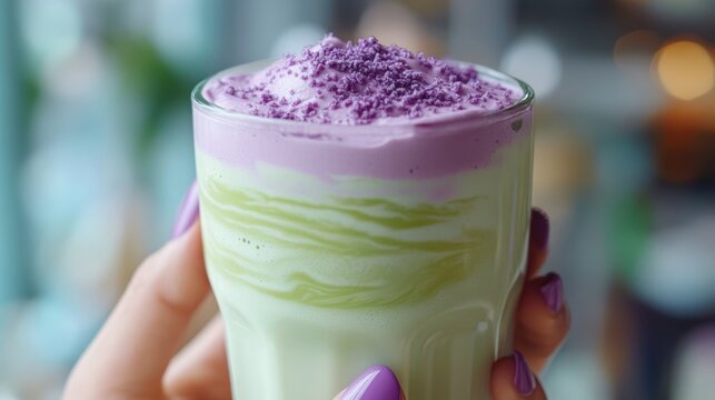 Ube and Matcha drink on white background,Iced Ube Latte,and matcha latte,PopularTrendy Purple Coffee Shop,plant based recipes,superfood,menu and banner,Healthy and wellness concept.