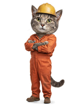 Anthropomorphic cat wearing an orange worker jumpsuit and yellow hard hat standing upright with jumpsuit construction engineer anthropomorphic standing whiskers profession character isolated