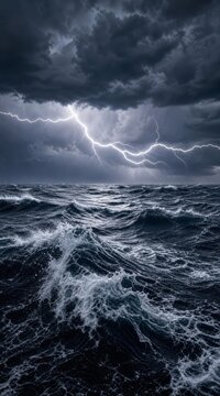 Turbulent ocean waves during a stormy squall with lightning
