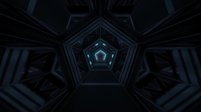 Abstract pentagonal tunnel with glowing neon lights moving through dark futuristic corridor space.