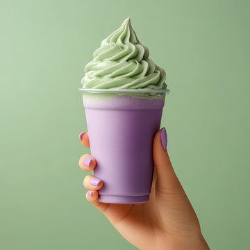 Ube and Matcha drink on white background,Iced Ube Latte,and matcha latte,PopularTrendy Purple Coffee Shop,plant based recipes,superfood,menu and banner,Healthy and wellness concept.