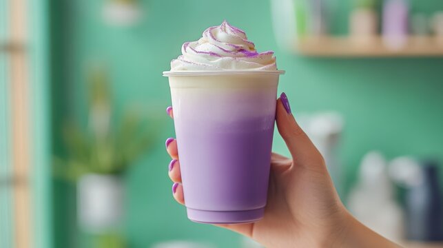 Ube and Matcha drink on white background,Iced Ube Latte,and matcha latte,PopularTrendy Purple Coffee Shop,plant based recipes,superfood,menu and banner,Healthy and wellness concept.