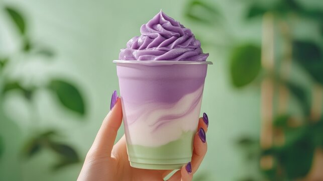 Ube and Matcha drink on white background,Iced Ube Latte,and matcha latte,PopularTrendy Purple Coffee Shop,plant based recipes,superfood,menu and banner,Healthy and wellness concept.