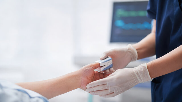 Hospital procedure uses pulse oximeter and diagrams to support careful patient monitoring during clinical care with reassurance