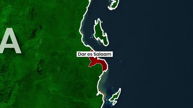 Tanzania map animation with Dar es Salaam highlighted in red motion