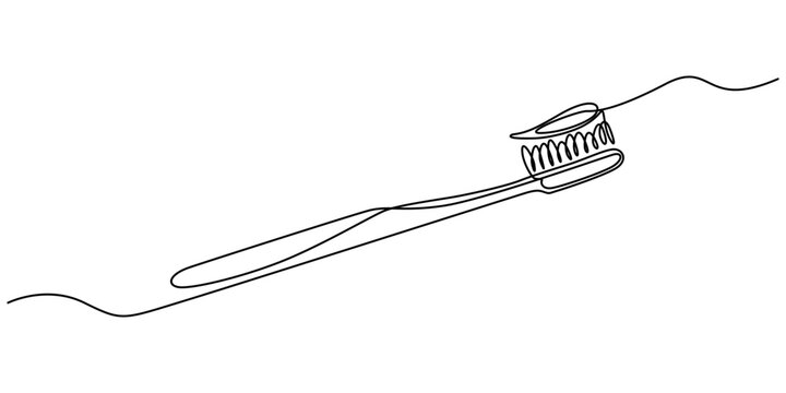 Continuous single line drawing of a toothbrush with toothpaste on it
