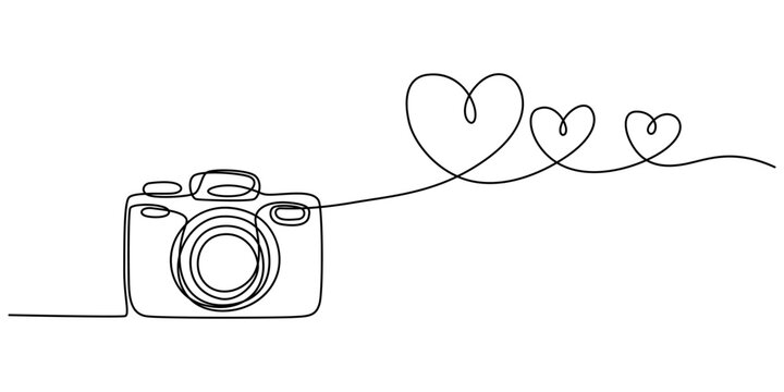 Continuous single line drawing of a camera with heart shapes