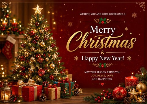 Elegant Christmas Greeting Card with Tree and Gifts