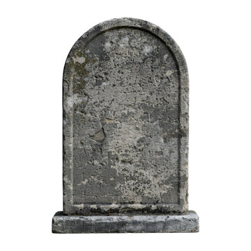 Weathered gray stone tombstone with rounded and rectangular base isolated on a transparent background