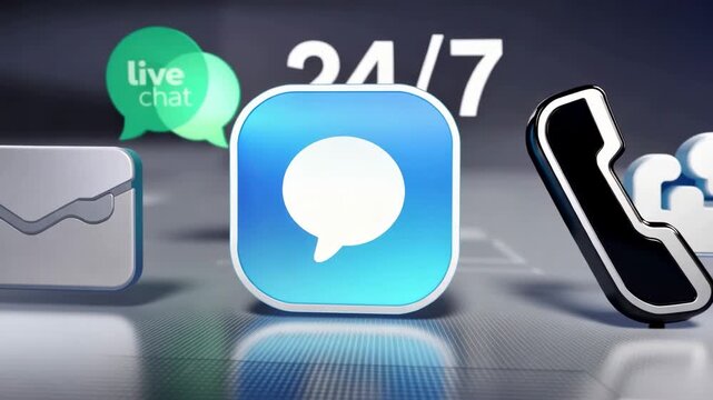 Customer service icons with live chat and phone support evolving during 24 7 operation