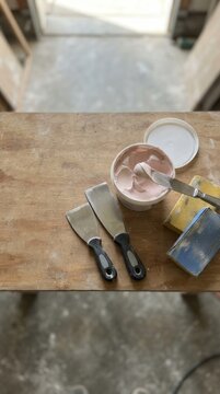 A Still Life Composition Featuring Putty Knives Spackling Paste and Abrasive Blocks for Precise Surface Restoration