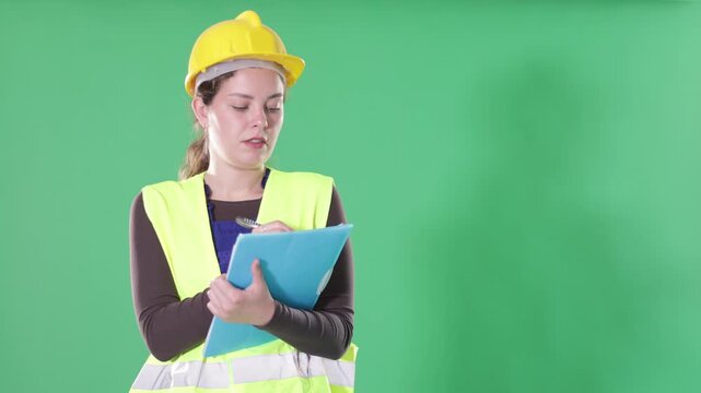 Female worker in reflective vest and hard helmet takes inventory and makes notes on paper on a green background . High quality 4k footage