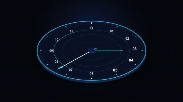Clock face animation numbers fly out, passage of time concept loop, futuristic digital clock face motion graphic