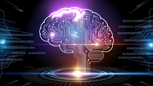 Futuristic digital brain with binary code and circuitry glowing in dark space with holographic