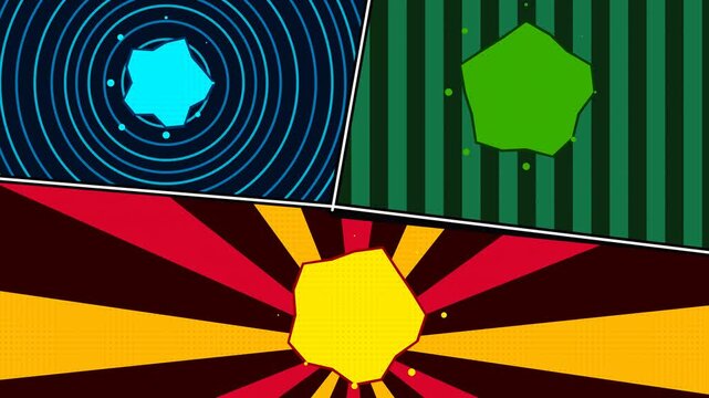 Vibrant geometric shapes pulse with dynamic motion in this colorful animated video footage featuring rhythmic patterns and energetic radial bursts