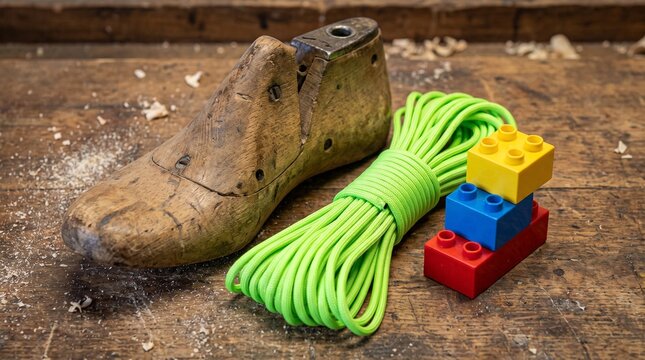 A wooden, antique cobbler's shoe last; a coil of paracord rope (neon green); and a stack of three colorful, plastic LEGO Duplo bricks.