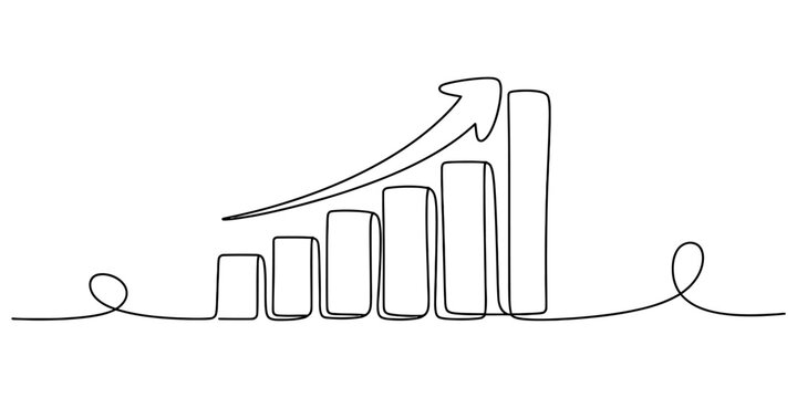 Continuous single line drawing of business growth bar chart with upward arrow