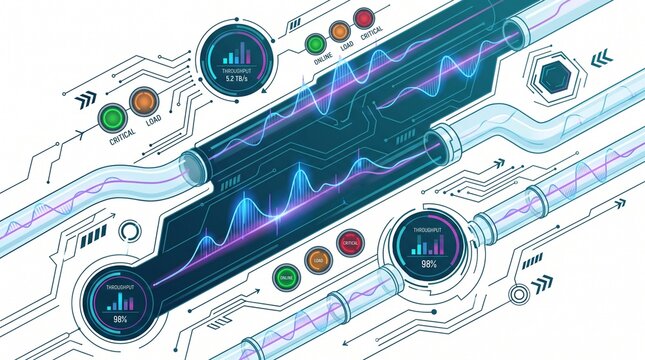 High-speed data flow visualization in a digital network. Information transfer and processing with circuit elements and analytical graphs for modern technological connectivity