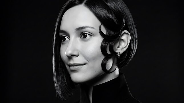 Woman profile black white portrait studio lighting short hair styling person face ear earring neck turtleneck.