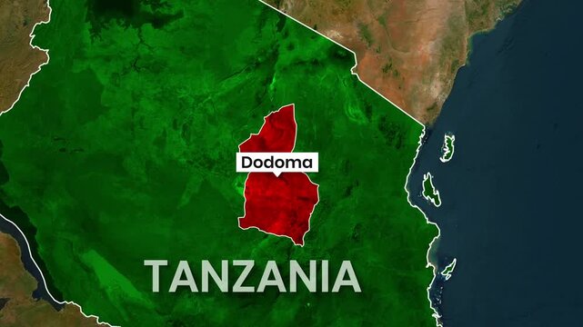 Animated map zooming into Tanzania highlighting Dodoma region video footage