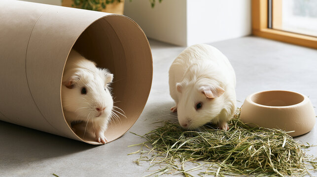 Two guinea pigs eating hay near cardboard tube