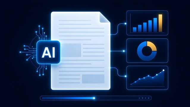 AI powered document summarization concept with translucent digital paper and analytical bar charts