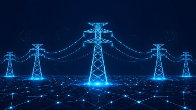 Smart grid energy distribution concept with glowing blue digital transmission towers and network lines