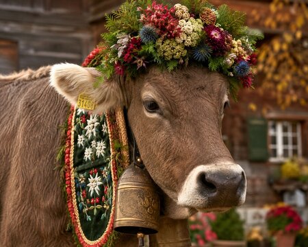 Portrait of decorated brown cow with floral crown and bell