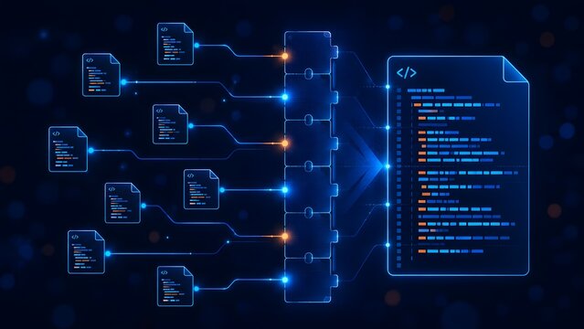 Glowing blue digital flowchart diagram showing programming code files connecting and integrating into a central software architecture block system.