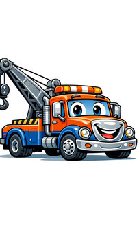 Cartoon tow truck with crane and friendly face. Bright orange and blue colors dominate the design. Happy eyes and wide smile add playful charm. Tow truck ready for any roadside assistance task