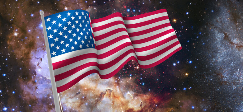 US flag waving in front of a colorful space background with stars and galaxies